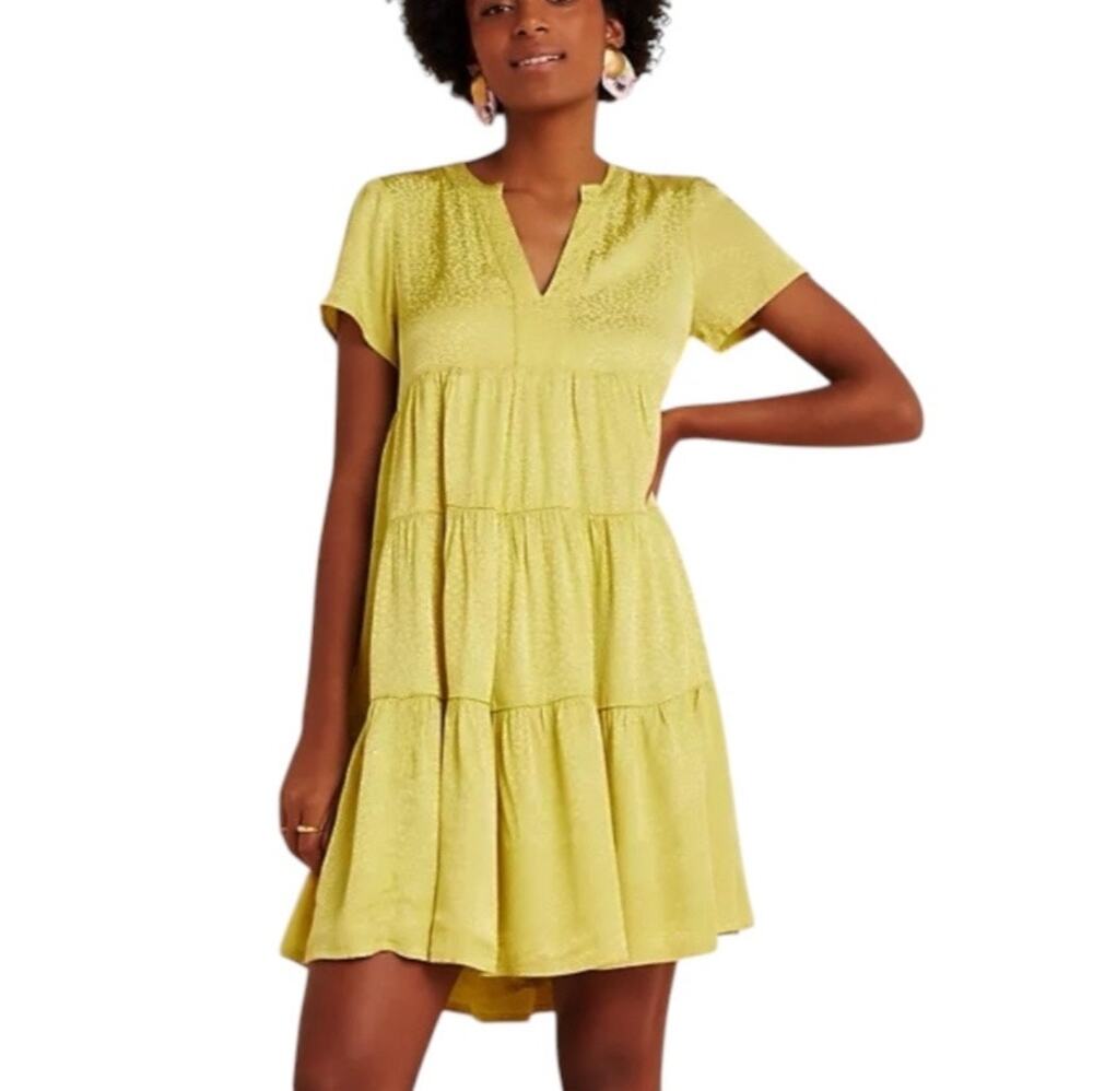 Anthropologie Maeve Sacha Jacquard Tiered Tunic Mini Dress Yellow Size Small